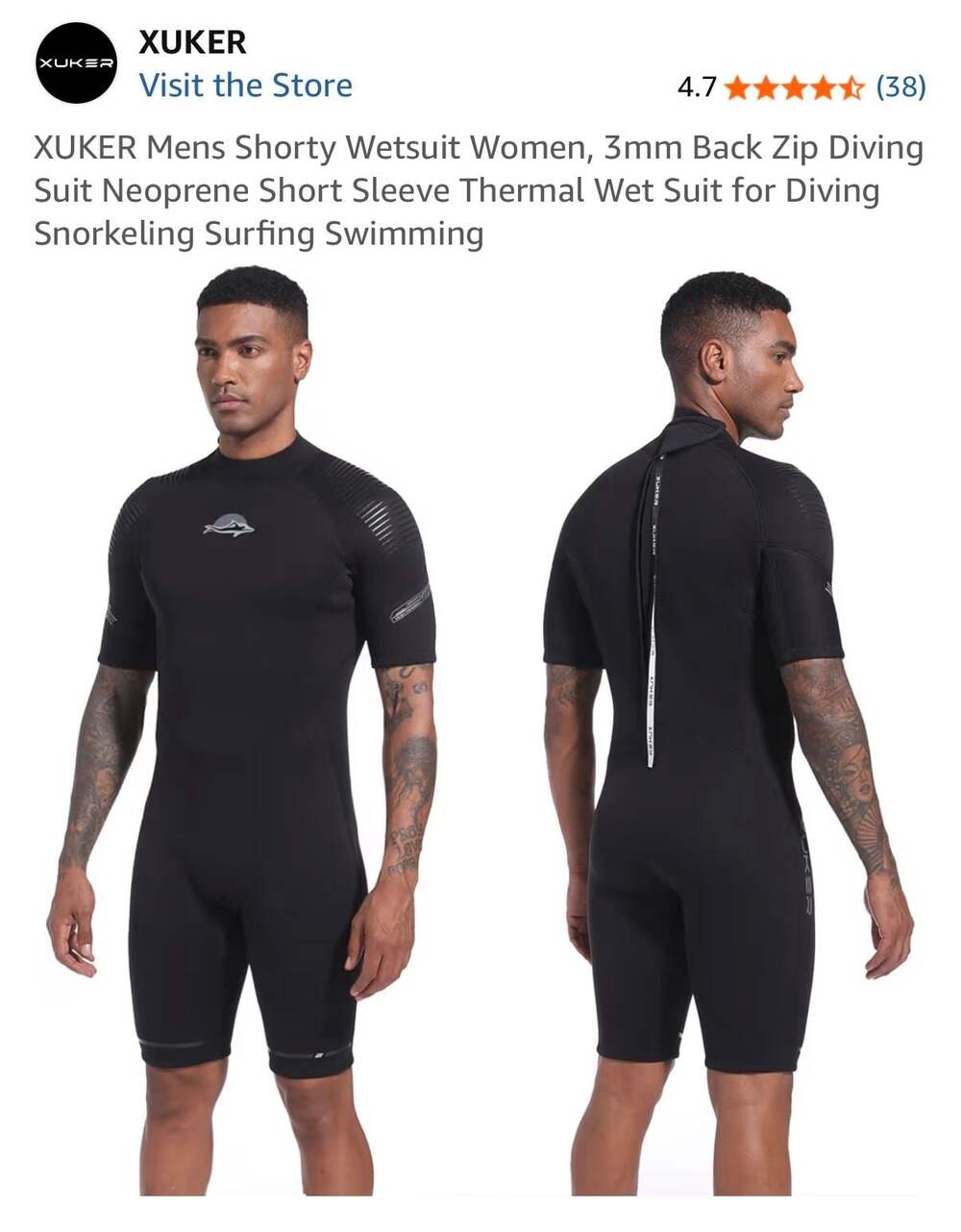 XUKER Mens Shorty Wetsuit Women, 3mm Back Zip Diving Suit